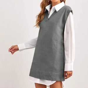 Queens Fashion Long V-neck Sweater Vest in Gray